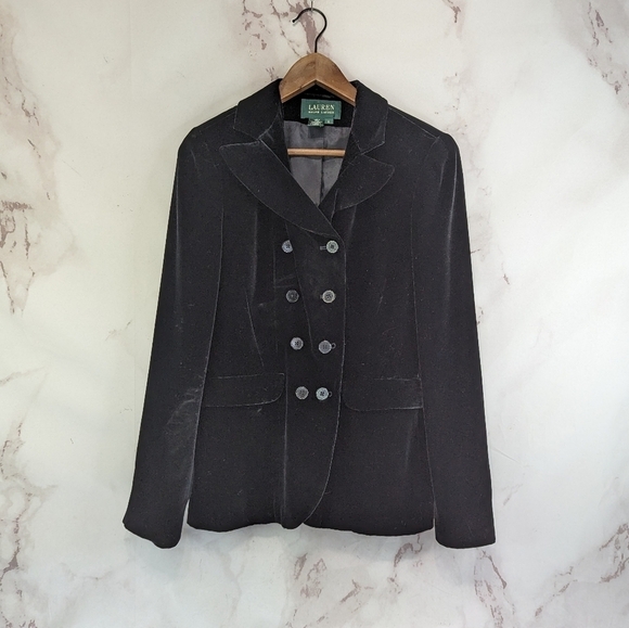 Lauren Ralph Lauren Blazer Womens Small 6 Black Velvet Jacket Double Breasted - Picture 1 of 9